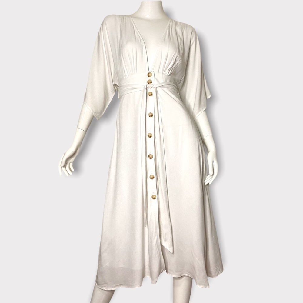 Boho Woven Empire Waist Belted Midi Dress White